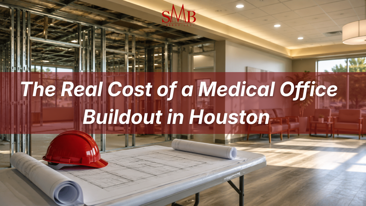 Medical office buildout in progress in Houston, TX, with exam room framing visible