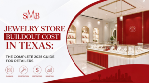 Custom jewelry store buildout in Houston Texas with illuminated glass display cases and modern lighting