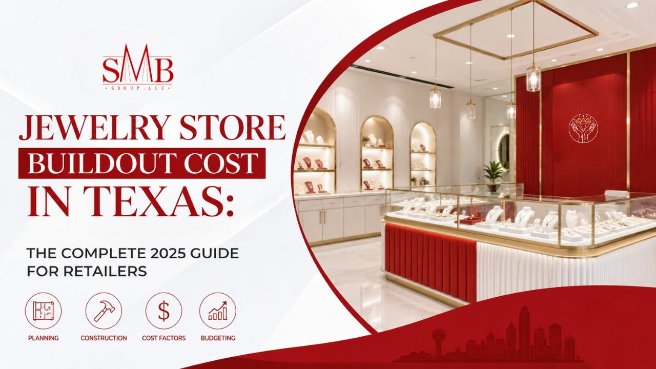 Custom jewelry store buildout in Houston Texas with illuminated glass display cases and modern lighting