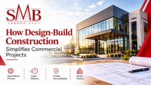 Architect and contractor reviewing commercial design-build construction plans together in Houston