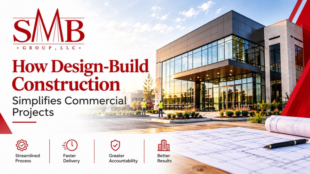 Architect and contractor reviewing commercial design-build construction plans together in Houston
