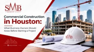 Commercial construction project underway in Houston, Texas with steel framing