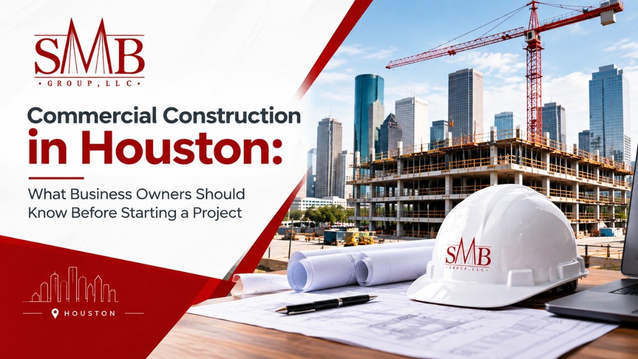 Commercial construction project underway in Houston, Texas with steel framing
